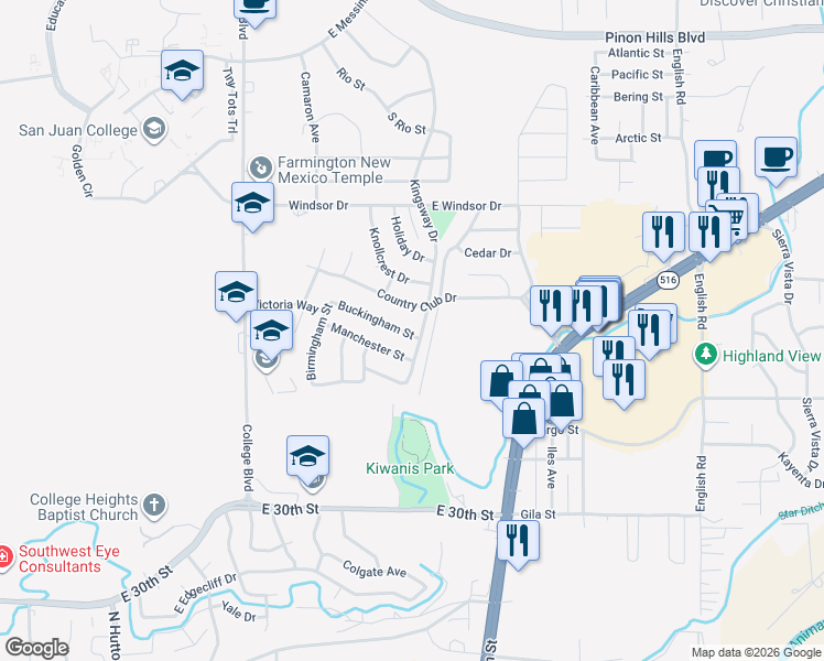 map of restaurants, bars, coffee shops, grocery stores, and more near 3920 Buckingham Street in Farmington