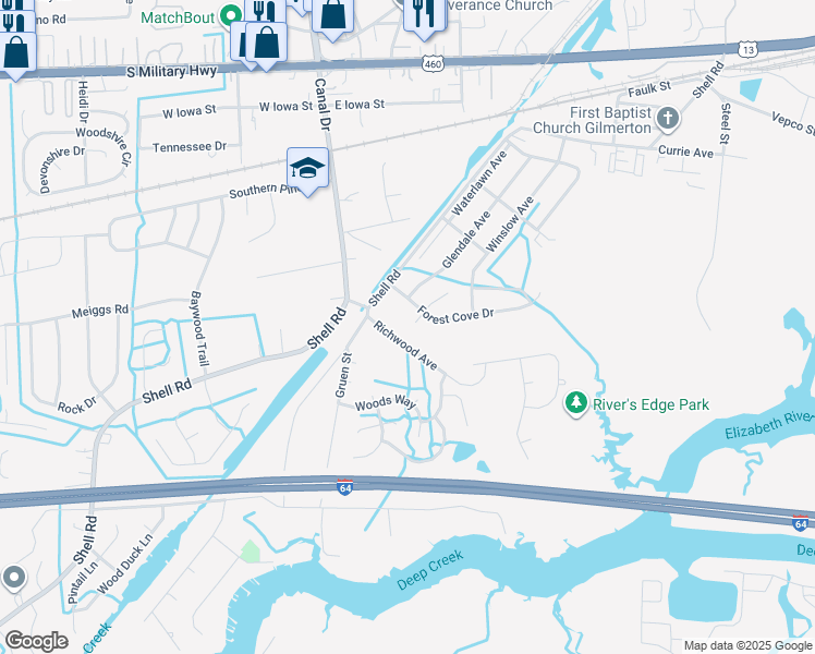 map of restaurants, bars, coffee shops, grocery stores, and more near 1200 Bramblewood Court in Chesapeake