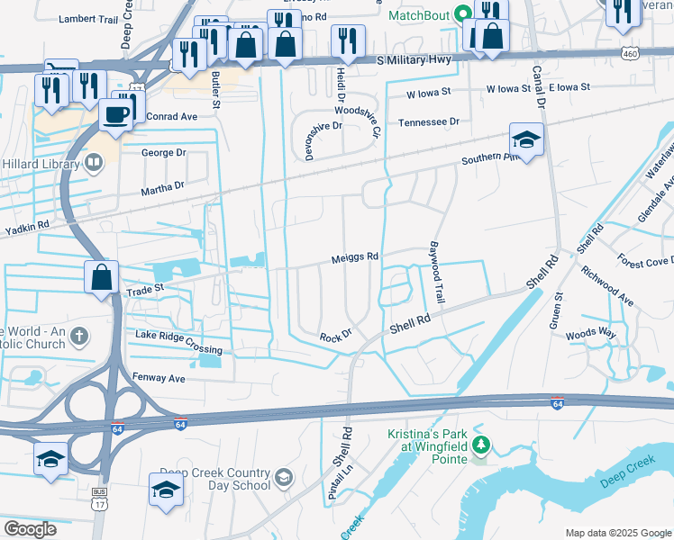 map of restaurants, bars, coffee shops, grocery stores, and more near 632 Hopewell Drive in Chesapeake