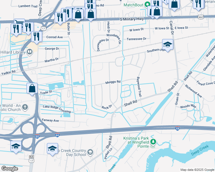 map of restaurants, bars, coffee shops, grocery stores, and more near 632 Hopewell Drive in Chesapeake
