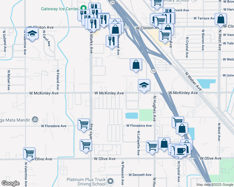 map of restaurants, bars, coffee shops, grocery stores, and more near in Fresno