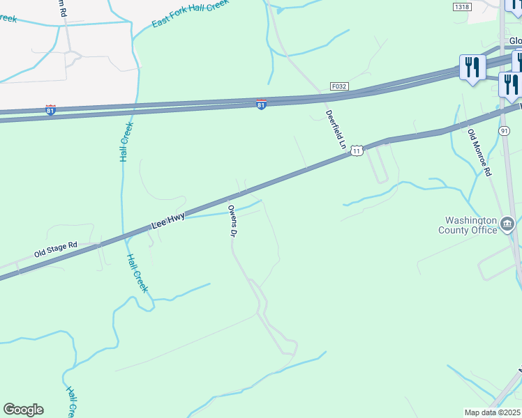 map of restaurants, bars, coffee shops, grocery stores, and more near Owens Drive in Glade Spring
