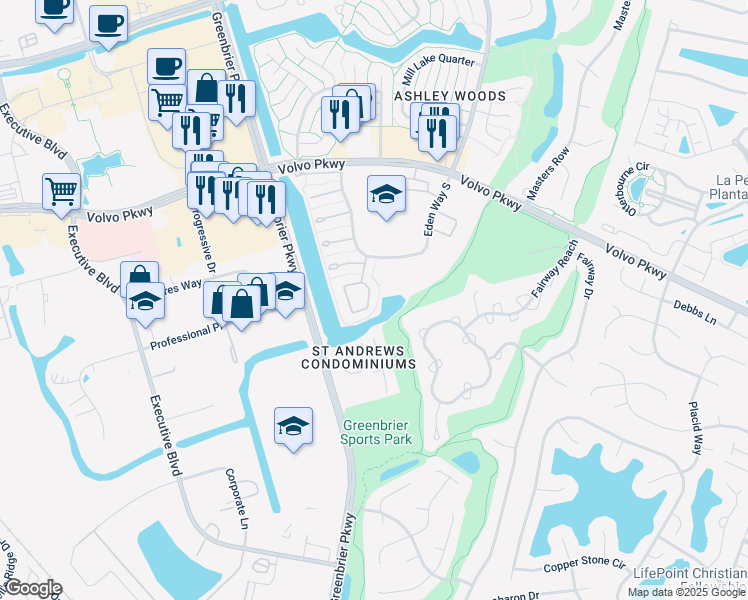 map of restaurants, bars, coffee shops, grocery stores, and more near 1341 Ivy Trail in Chesapeake