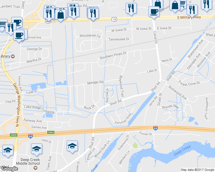 map of restaurants, bars, coffee shops, grocery stores, and more near 536 Bay Oak Drive in Chesapeake