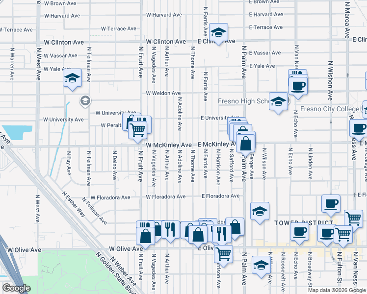 map of restaurants, bars, coffee shops, grocery stores, and more near 134 West McKinley Avenue in Fresno