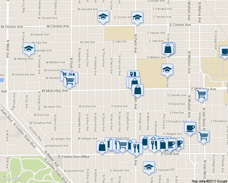 map of restaurants, bars, coffee shops, grocery stores, and more near 60 East McKinley Avenue in Fresno