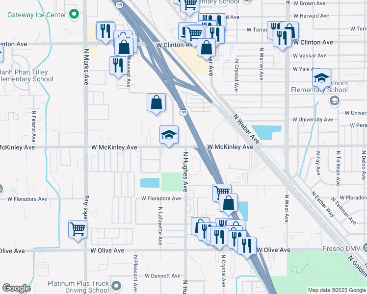 map of restaurants, bars, coffee shops, grocery stores, and more near 2117 West McKinley Avenue in Fresno