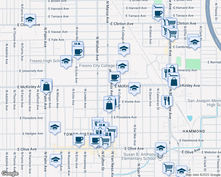 map of restaurants, bars, coffee shops, grocery stores, and more near in Fresno