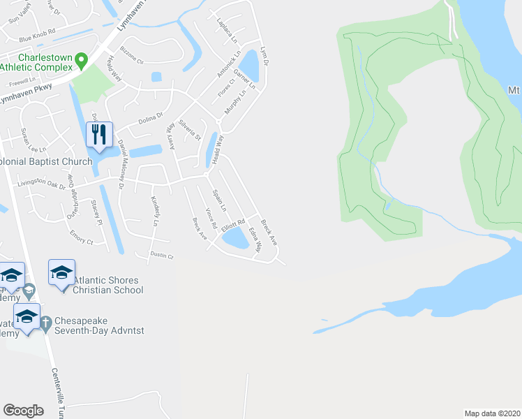 map of restaurants, bars, coffee shops, grocery stores, and more near 1968 Breck Avenue in Virginia Beach