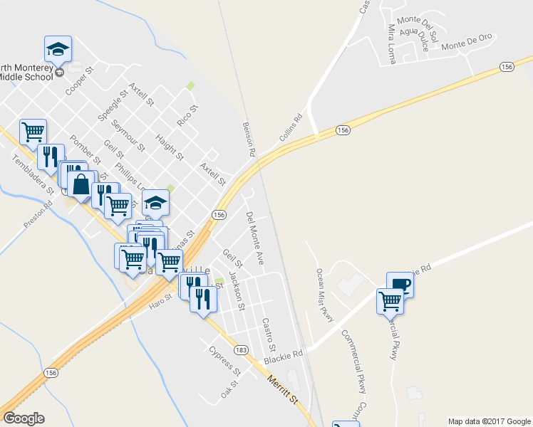 map of restaurants, bars, coffee shops, grocery stores, and more near 11369 Del Monte Avenue in Castroville