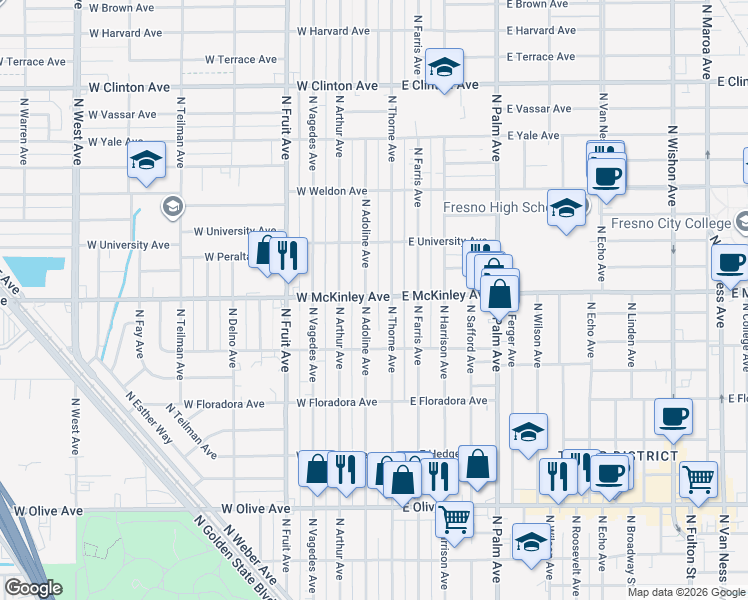 map of restaurants, bars, coffee shops, grocery stores, and more near 134 West McKinley Avenue in Fresno
