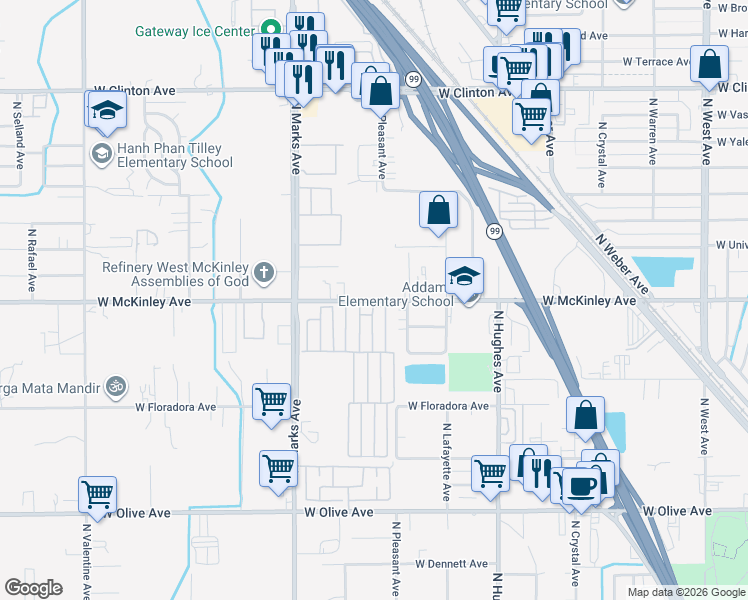 map of restaurants, bars, coffee shops, grocery stores, and more near in Fresno