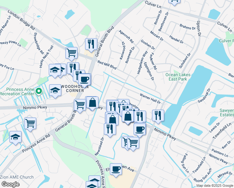 map of restaurants, bars, coffee shops, grocery stores, and more near 1200 Brookhill Court in Virginia Beach