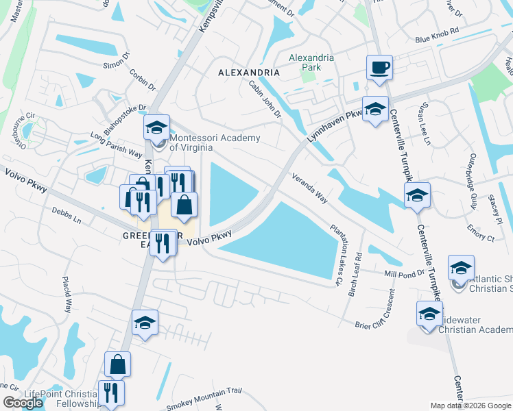 map of restaurants, bars, coffee shops, grocery stores, and more near 1852 Volvo Pkwy Service Road in Chesapeake