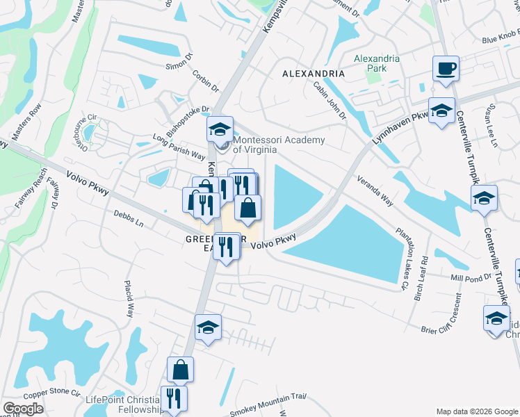 map of restaurants, bars, coffee shops, grocery stores, and more near 1518 Plantation Lakes Circle in Chesapeake