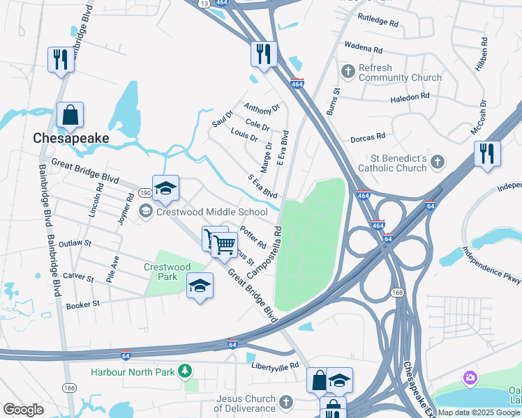 map of restaurants, bars, coffee shops, grocery stores, and more near 652 River Creek Road in Chesapeake