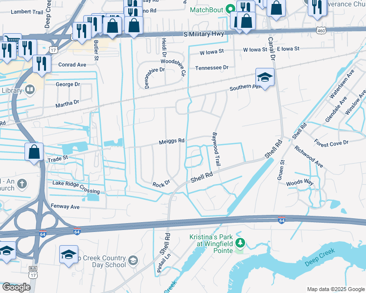 map of restaurants, bars, coffee shops, grocery stores, and more near 2401 Meiggs Road in Chesapeake