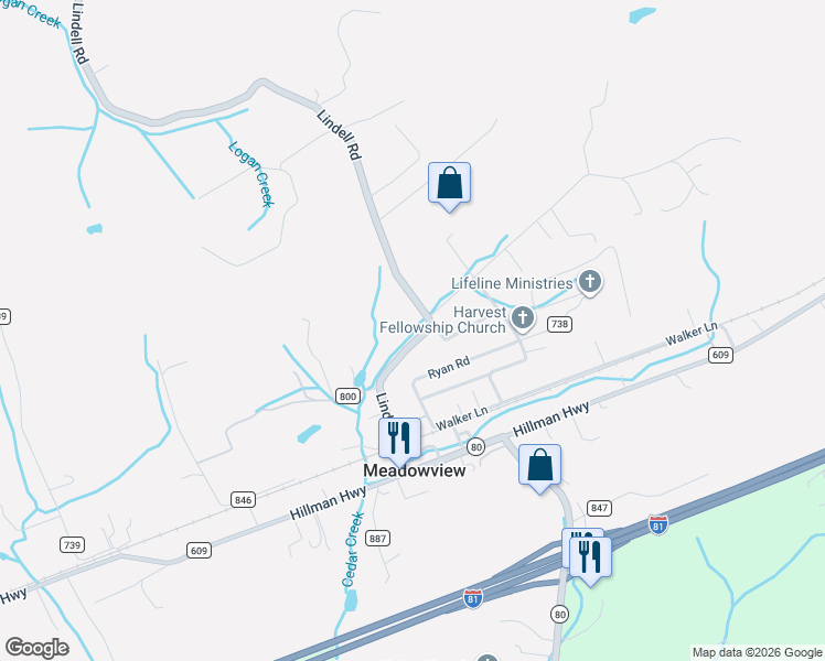 map of restaurants, bars, coffee shops, grocery stores, and more near 13052 Lindell Rd in Meadowview