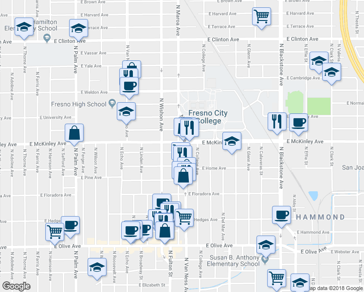 map of restaurants, bars, coffee shops, grocery stores, and more near 1585 North Van Ness Avenue in Fresno