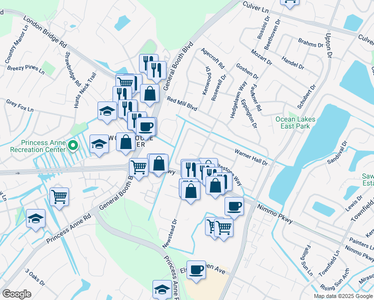 map of restaurants, bars, coffee shops, grocery stores, and more near 1212 Whitestone Way in Virginia Beach