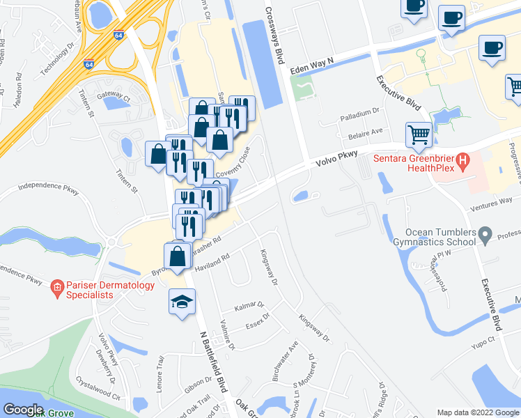 map of restaurants, bars, coffee shops, grocery stores, and more near 210 Thrasher Road in Chesapeake