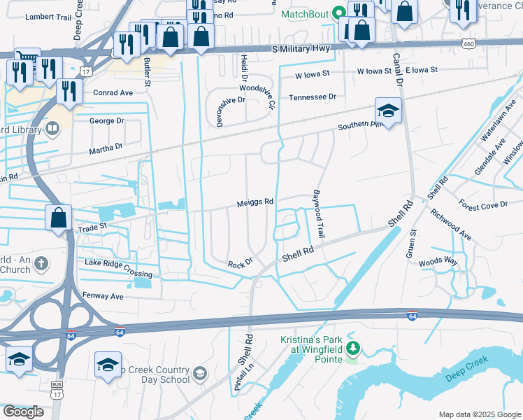 map of restaurants, bars, coffee shops, grocery stores, and more near 405 Rock Drive in Chesapeake