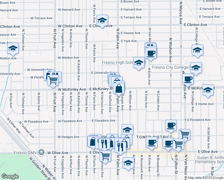 map of restaurants, bars, coffee shops, grocery stores, and more near 1598 North Safford Avenue in Fresno