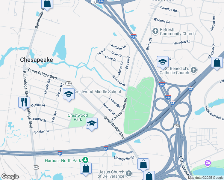 map of restaurants, bars, coffee shops, grocery stores, and more near 652 River Creek Road in Chesapeake