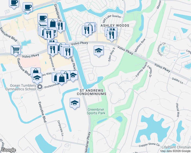 map of restaurants, bars, coffee shops, grocery stores, and more near 1341 Ivy Trail in Chesapeake