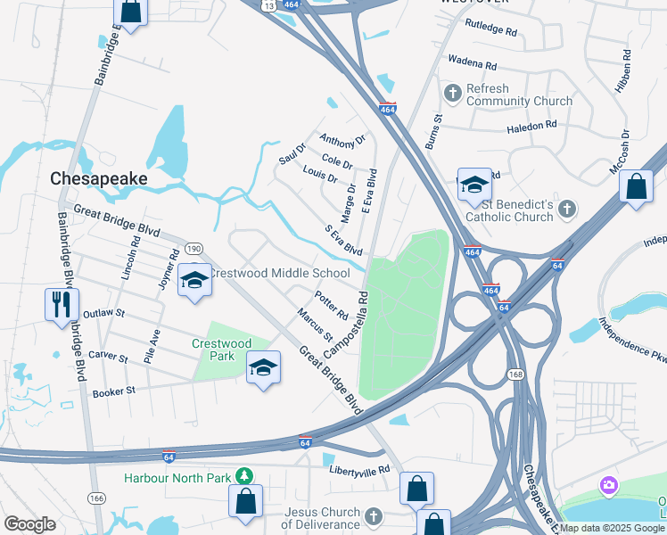 map of restaurants, bars, coffee shops, grocery stores, and more near 652 River Creek Road in Chesapeake