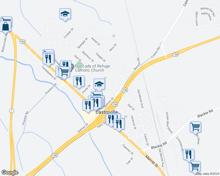 map of restaurants, bars, coffee shops, grocery stores, and more near 11300 Pajaro Street in Castroville