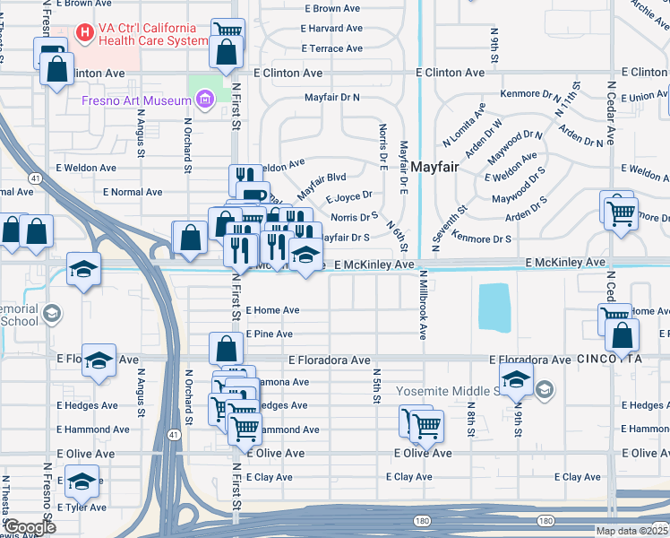 map of restaurants, bars, coffee shops, grocery stores, and more near 3404 East McKinley Avenue in Fresno