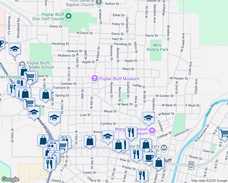 map of restaurants, bars, coffee shops, grocery stores, and more near 1006 Nooney Street in Poplar Bluff