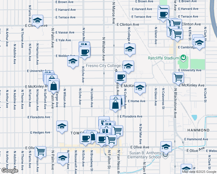 map of restaurants, bars, coffee shops, grocery stores, and more near 820 East McKinley Avenue in Fresno