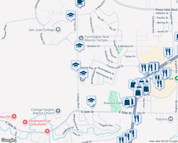map of restaurants, bars, coffee shops, grocery stores, and more near 3500 Victoria Way in Farmington