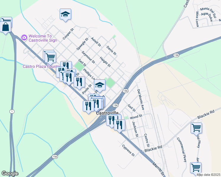 map of restaurants, bars, coffee shops, grocery stores, and more near 11300 Pajaro Street in Castroville