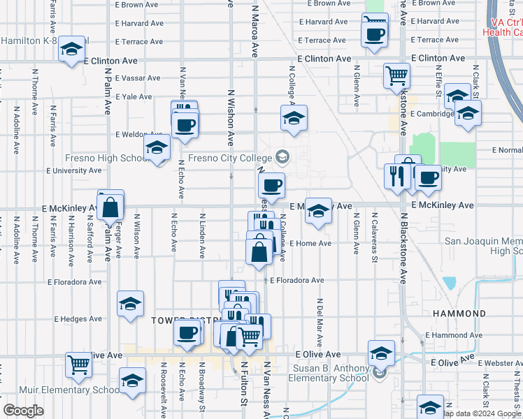 map of restaurants, bars, coffee shops, grocery stores, and more near in Fresno