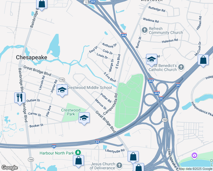 map of restaurants, bars, coffee shops, grocery stores, and more near 652 River Creek Road in Chesapeake