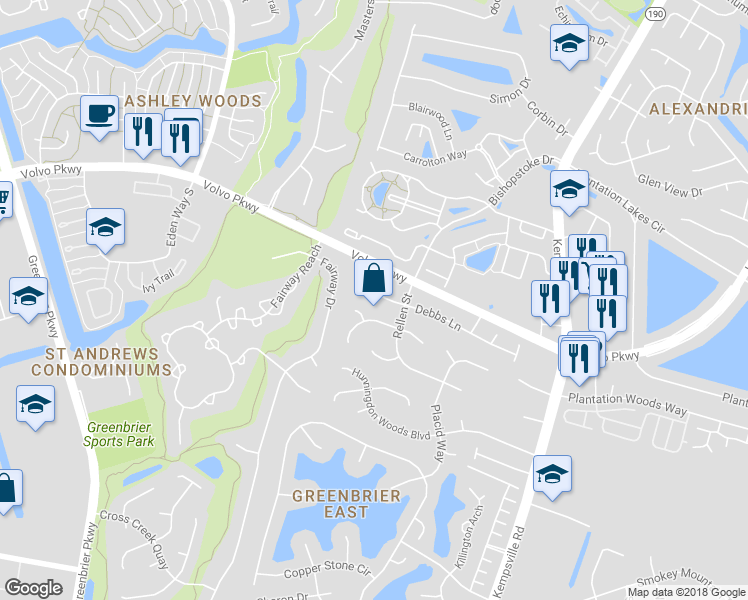 map of restaurants, bars, coffee shops, grocery stores, and more near 1328 Debbs Lane in Chesapeake