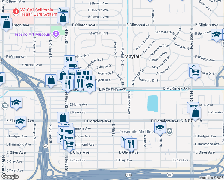 map of restaurants, bars, coffee shops, grocery stores, and more near 3490 E McKinley Ave in Fresno