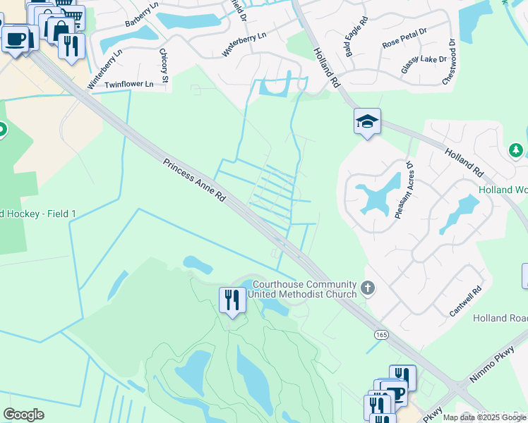 map of restaurants, bars, coffee shops, grocery stores, and more near 2997 Bermuda Grass Loop in Virginia Beach