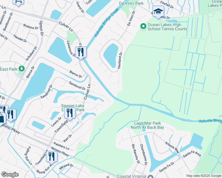 map of restaurants, bars, coffee shops, grocery stores, and more near 1121 Tibbetstown Court in Virginia Beach