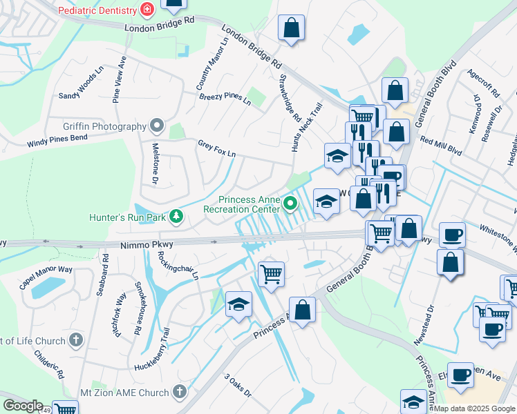 map of restaurants, bars, coffee shops, grocery stores, and more near 2481 Hunts Neck Trail in Virginia Beach
