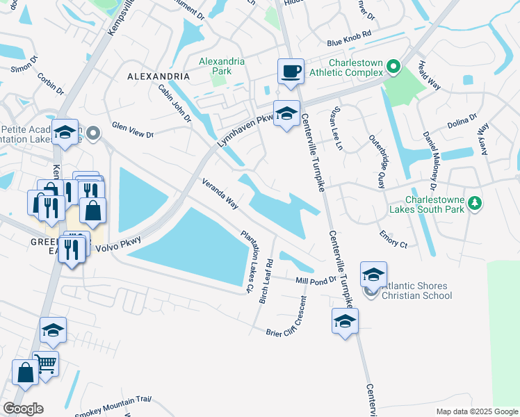 map of restaurants, bars, coffee shops, grocery stores, and more near 1228 Veranda Way in Chesapeake