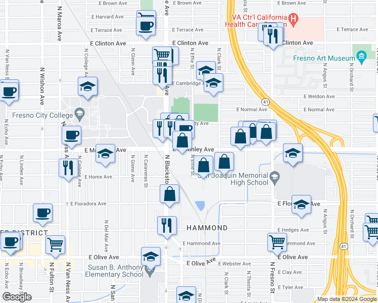 map of restaurants, bars, coffee shops, grocery stores, and more near 1593 North Effie Street in Fresno