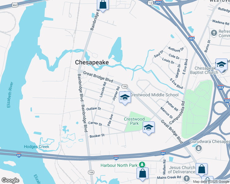 map of restaurants, bars, coffee shops, grocery stores, and more near 109 Joyner Road in Chesapeake