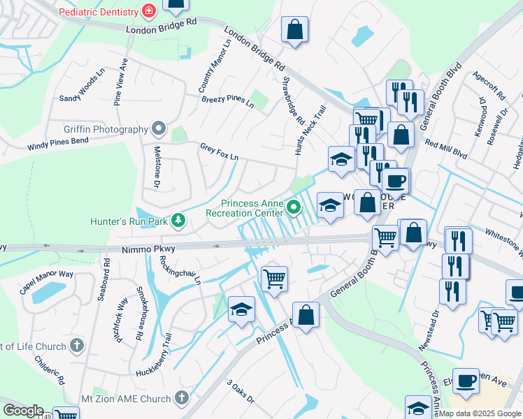 map of restaurants, bars, coffee shops, grocery stores, and more near 2481 Hunts Neck Trail in Virginia Beach