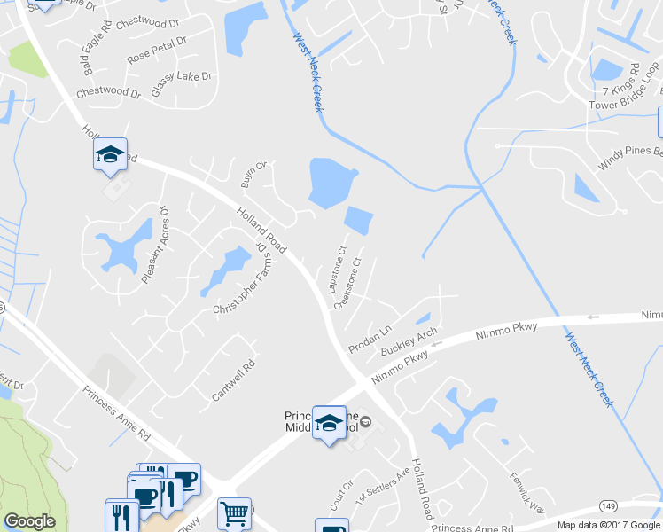 map of restaurants, bars, coffee shops, grocery stores, and more near 1728 Lapstone Court in Virginia Beach