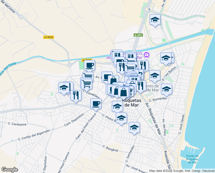 map of restaurants, bars, coffee shops, grocery stores, and more near 7 Calle Rafael Escuredo in Roquetas de Mar