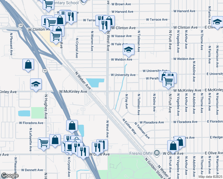 map of restaurants, bars, coffee shops, grocery stores, and more near 1204 West McKinley Avenue in Fresno